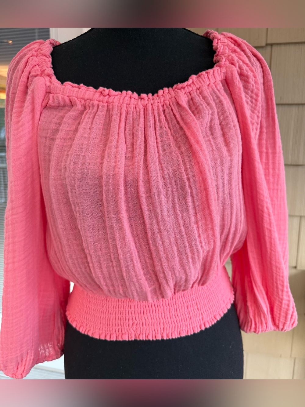 Michael Stars Pink Cotton Gauze Smocked Peasant Top S